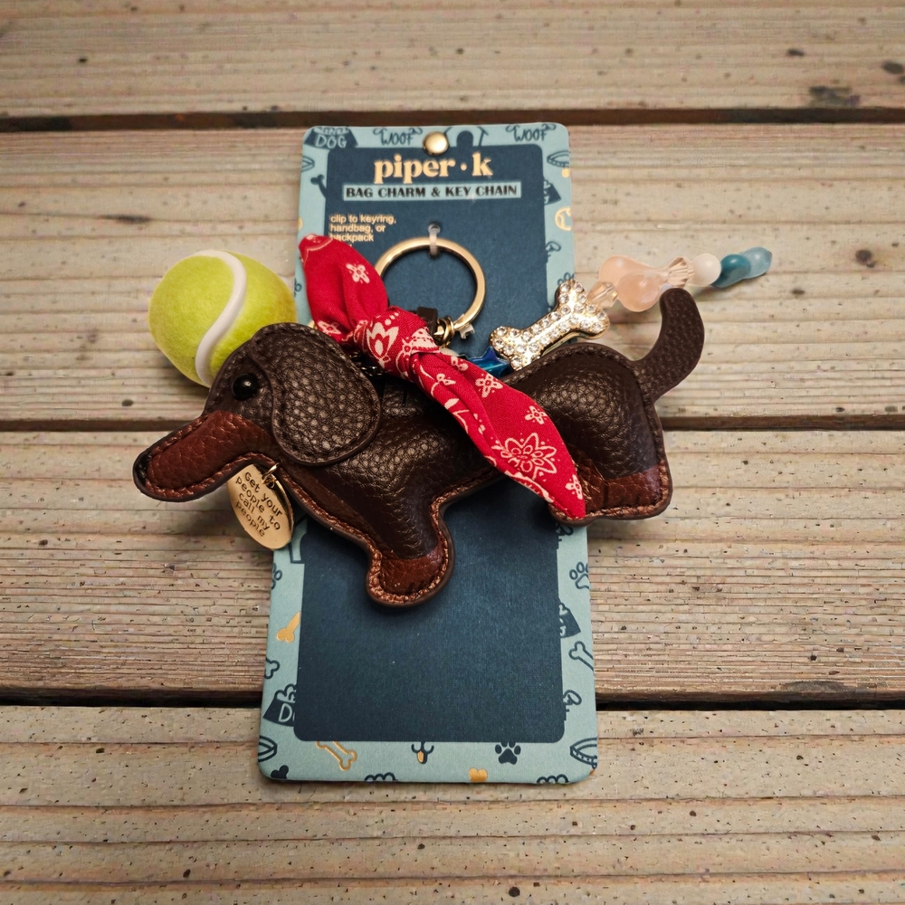 New Piper K Dachshund Dog with Red Bandana and Tennis Ball Bag Charm Keychain